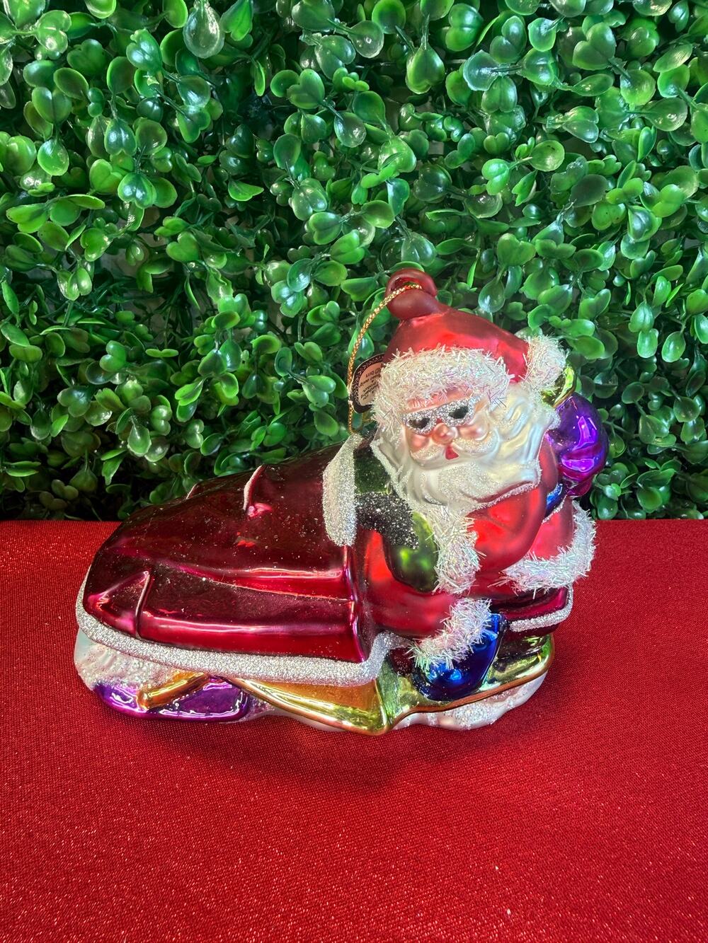 BRN Blown Glass Christmas Ornament Red Glittered Santa In Sleigh Handcrafted